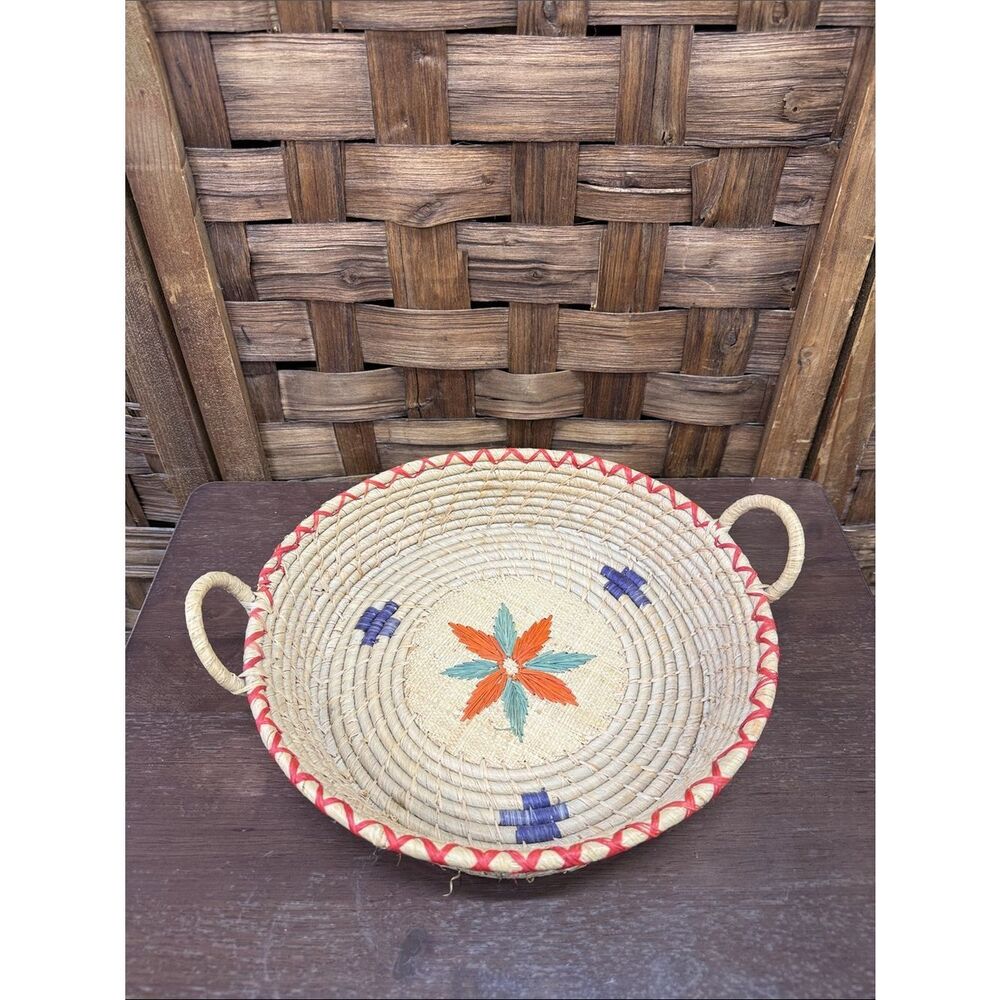 Handwoven Navajo Natural Seagrass Serving Tray with Orange & Teal Star Accent